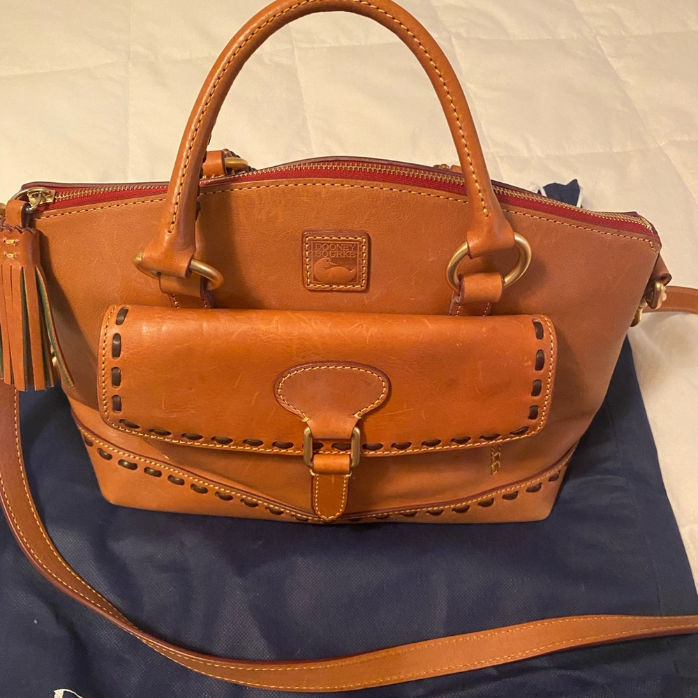 Tan Leather Structured Satchel with Whipstitch Detail